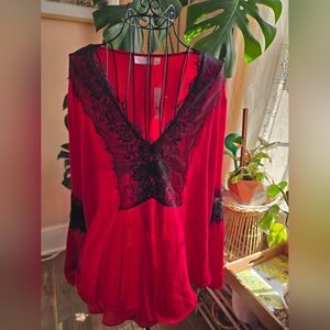 New York & Company Red and Black Lace Trim Blouse NWT